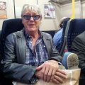 Joe Longthorne en route to the Wyllotts Theatre Potters Bar 6 June 2014. Due to massive network road closures Joe took to the train to ensure he made the London gig in time.