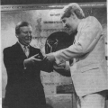 Joe Longthorne receiving 'Most Promising Newcomer' from the late Eric Morley, Chief Barker of The Variety Club in 1983.